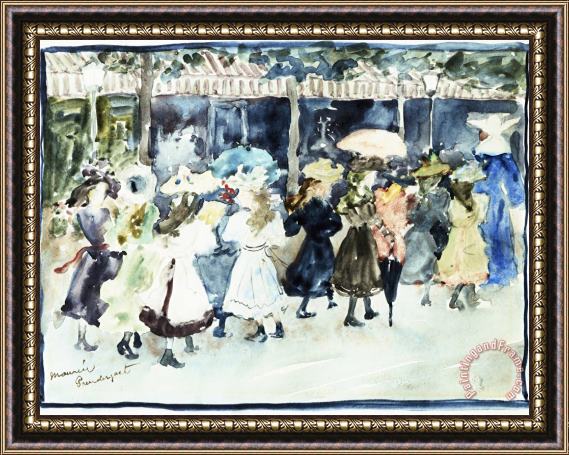 Maurice Brazil Prendergast Watercolor of Girls Walking Along The Boardwalk Framed Painting