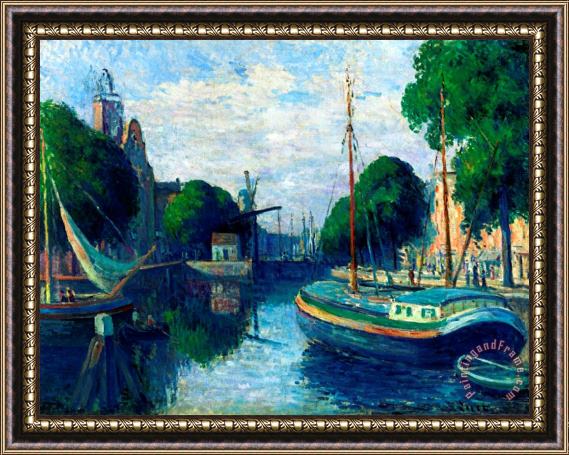 Maximilien Luce Barges on a Canal at Rotterdam Framed Print