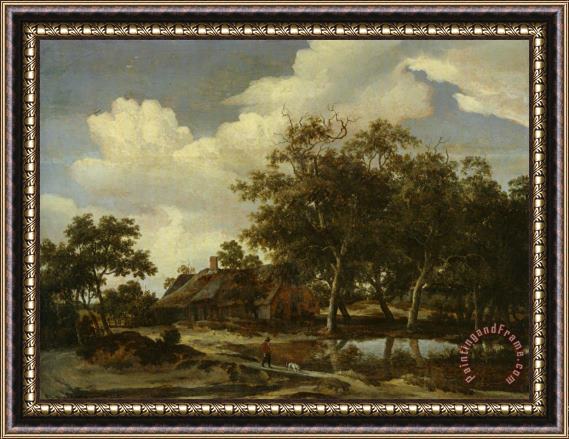 Meindert Hobbema A Wooded Landscape with a Figure Crossing a Bridge Over a Stream Framed Painting