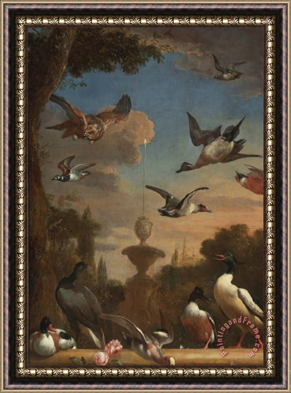 Melchior de Hondecoeter Classical Garden Landscape with a Mallard, a Golden Eagle, And Other Wild Fowl in Flight Framed Print