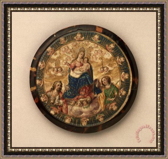 Mexican Attributed to Andres Lagarto Nun's Shield Showing The Virgin And Child with Saints John The Baptist And Catherine of Alexandria Framed Painting
