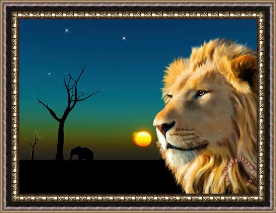 Michael Greenaway Lion Blue Sunset Framed Print
