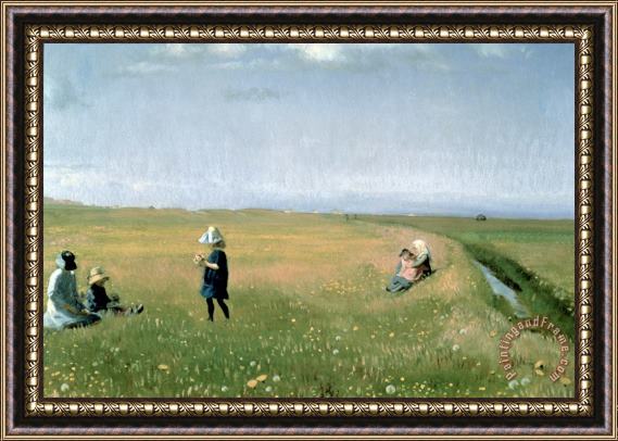 Michael Peter Ancher Young Girls picking Flowers in a Meadow Framed Print