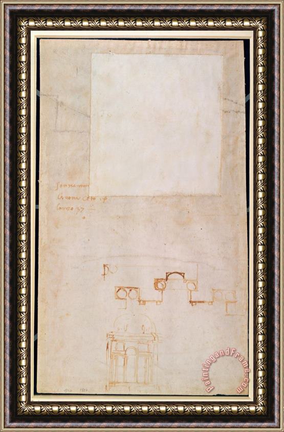 Michelangelo Buonarroti Architectural Study with Notes Brown Pen on Paper Recto Framed Painting