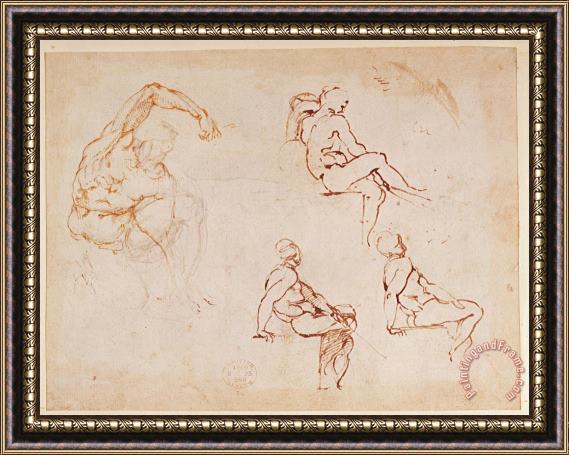 Michelangelo Buonarroti Figure Studies for a Man Brown Ink Framed Painting