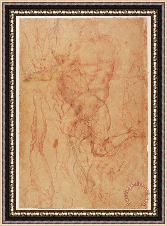 Michelangelo Buonarroti Figure Study Red Chalk on Paper Framed Painting