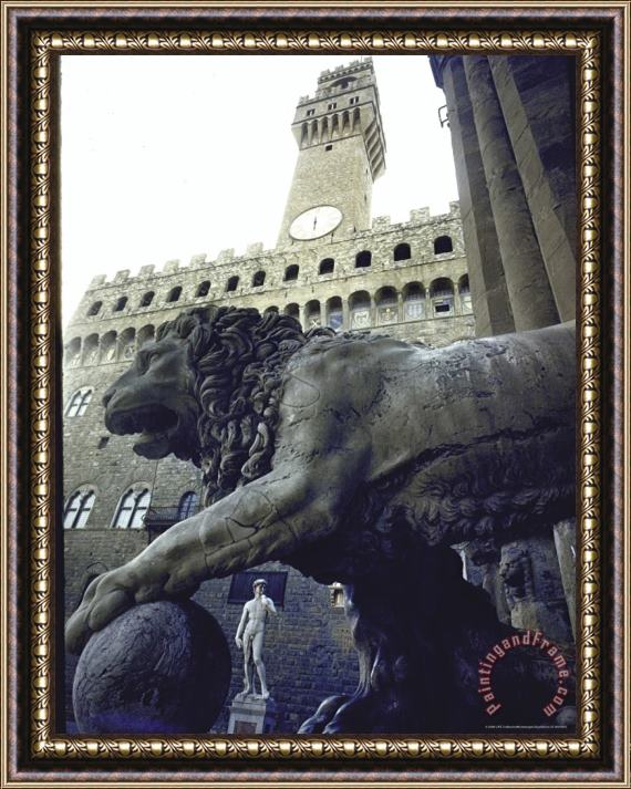 Michelangelo Buonarroti Replica of The David Under Belly of Roman Lion in Piazza Della Signoria Florence Framed Print