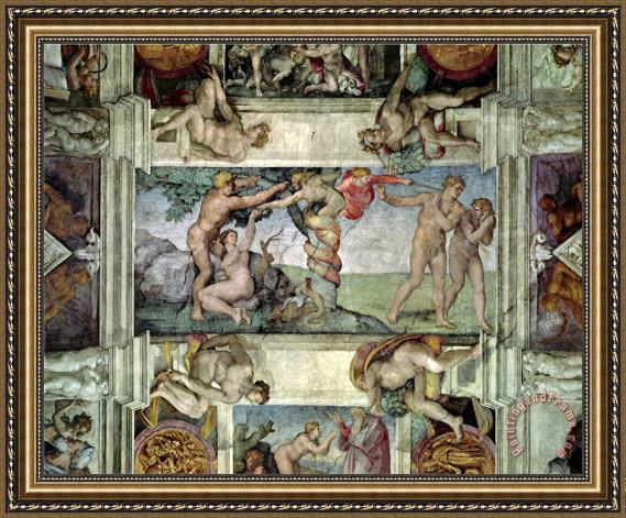 Michelangelo Buonarroti Sistine Chapel Ceiling 1508 12 Expulsion Of Adam And Eve From The Garden Of Eden Framed Painting By Michelangelo Buonarroti