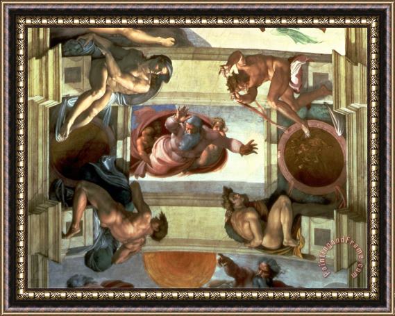 Michelangelo Buonarroti Sistine Chapel Ceiling God Separating The Land From The Sea with Four Ignudi 1510 Framed Print