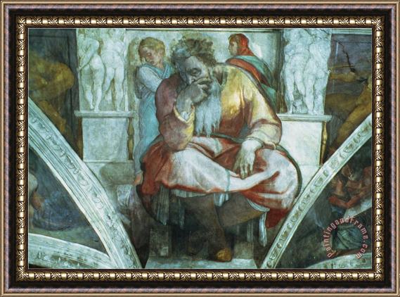 Michelangelo Buonarroti Sistine Chapel Ceiling The Prophet Jeremiah Pre Resoration Framed Painting