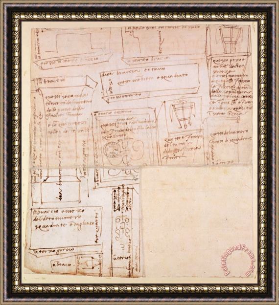 Michelangelo Buonarroti Sketch of Marble Blocks for Statues with Notes Framed Painting