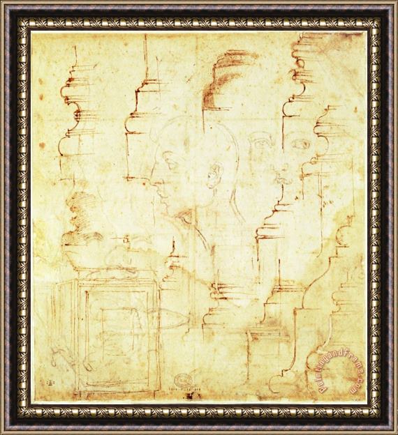 Michelangelo Buonarroti Sketches of a Column And Faces Framed Painting