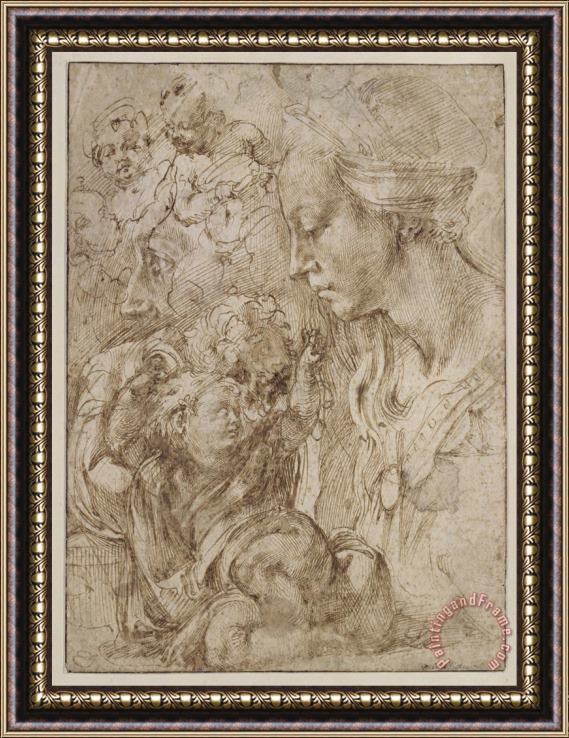 Michelangelo Buonarroti Studies for a Holy Family Framed Painting