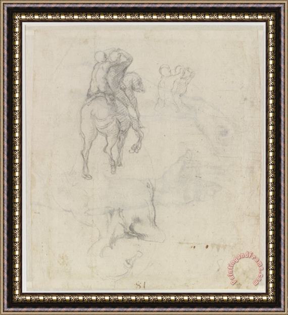 Michelangelo Buonarroti Studies of a Horse with Two Nude Riders And a Male Torso Framed Print