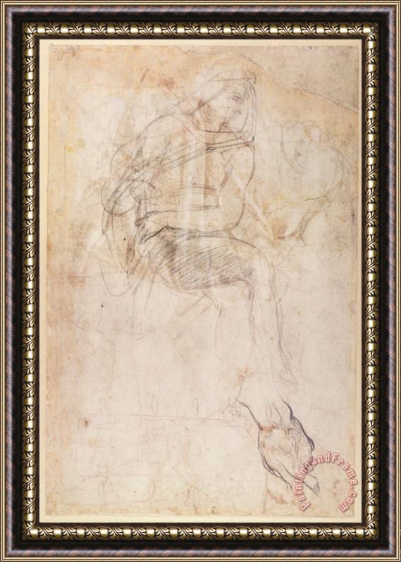 Michelangelo Buonarroti Study for The Ignudi Above The Persian Sibyl in The Sistine Chapel 1508 12 Framed Painting