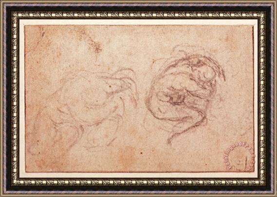 Michelangelo Buonarroti Study of a Crouching Figure Black Chalk on Paper Recto Framed Painting
