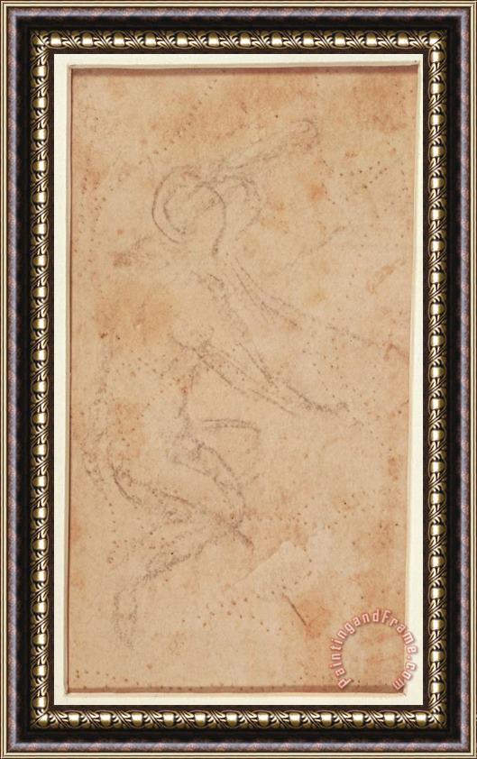 Michelangelo Buonarroti Study of a Figure with Pouncing Marks Black Chalk on Paper Verso Framed Painting