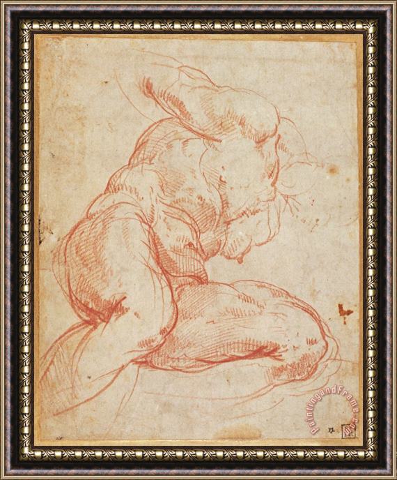 Michelangelo Buonarroti Study of a Nude Red Chalk on Paper Framed Painting