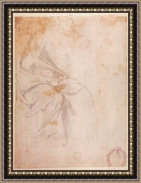 Michelangelo Buonarroti Study of Drapery Black Chalk on Paper C 1516 Verso for Recto See 191775 Framed Painting