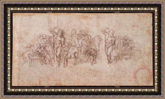 Michelangelo Buonarroti Study of Figures for a Narrative Scene Black Chalk on Paper Recto for Verso See 191764 Framed Painting