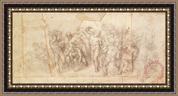 Michelangelo Buonarroti Study of Figures for a Narrative Scene Charcoal on Paper Recto Framed Painting