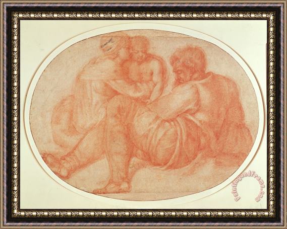 Michelangelo Buonarroti Study of The Holy Family Red Chalk on Paper Framed Painting
