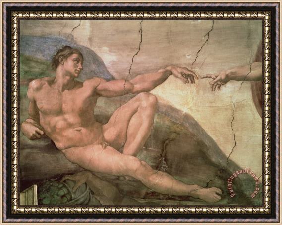 Michelangelo Buonarroti The Creation of Adam From The Sistine Ceiling 1511 Fresco Pre Restoration Framed Painting