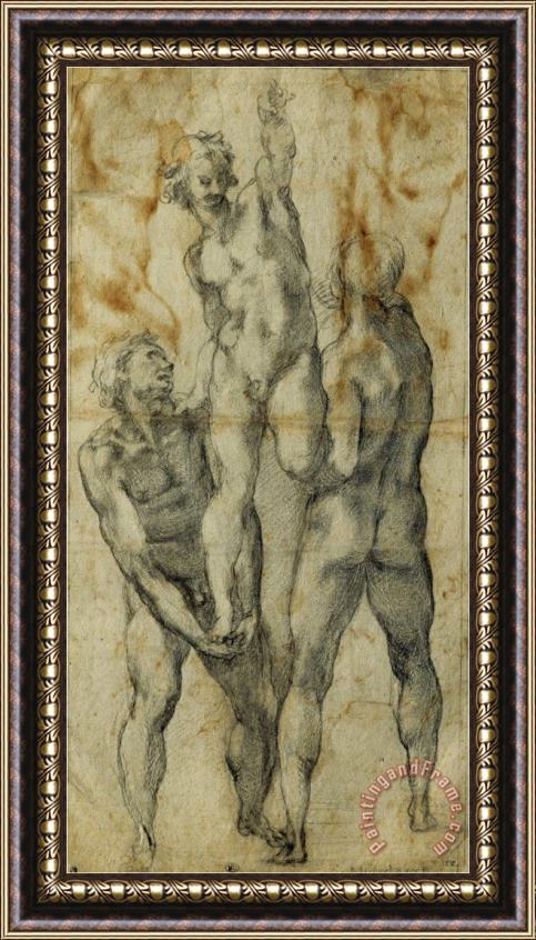 Michelangelo Buonarroti Two Male Nudes Lifting Up a Third Man Framed Print
