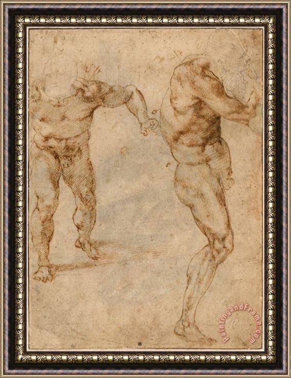Michelangelo Buonarroti Two Nude Studies of a Man Storming Forward And Another Turning to The Right Framed Painting