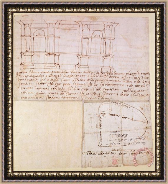 Michelangelo Buonarroti W 23r Architectural Sketch with Notes Framed Print