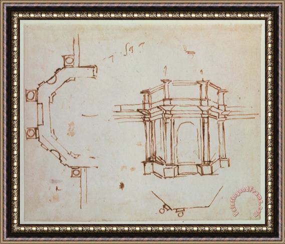 Michelangelo Buonarroti W 24r Architectural Sketch Framed Painting