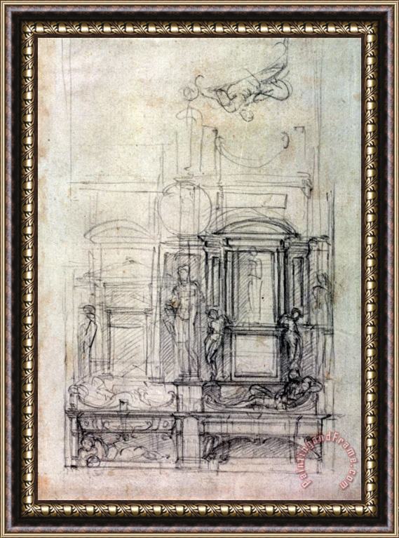 Michelangelo Buonarroti W 26r Design for The Medici Chapel in The Church of San Lorenzo Florence Charcoal Framed Painting
