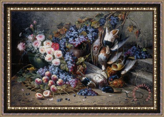 Modeste Carlier Roses Peaches Grapes And Game Framed Print