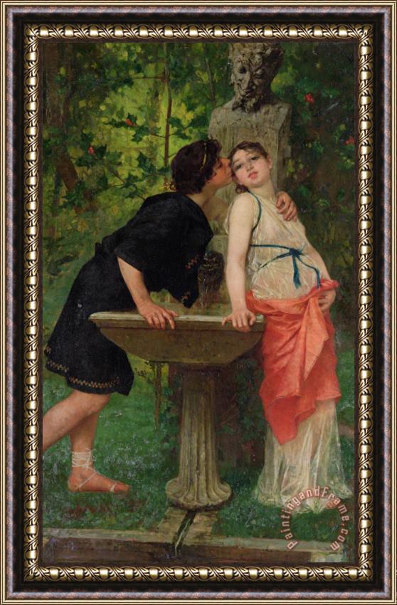 Modesto Faustini Lovers by a Fountain Framed Print