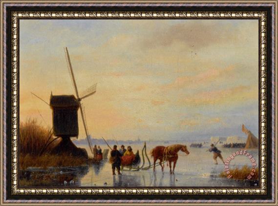 Nicolaas Johannes Roosenboom A Horse And Sledge on The Ice a Koek En Zopie in The Distance Framed Painting