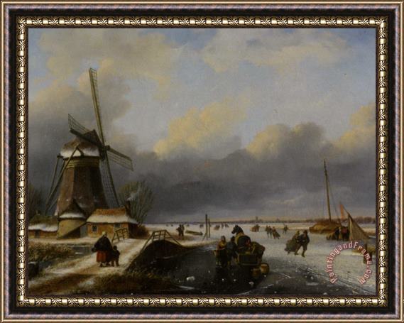 Nicolaas Johannes Roosenboom Skaters on a Frozen River Framed Painting