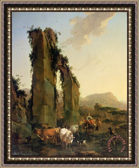 Nicolaes Pietersz Berchem Peasants with Cattle by a Ruined Aqueduct Framed Painting