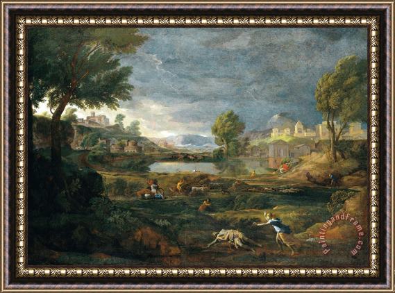 Nicolas Poussin Landscape During a Thunderstorm with Pyramus And Thisbe Framed Painting