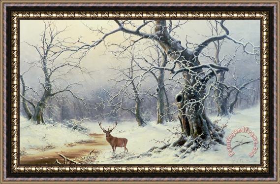 Nils Hans Christiansen  A Stag in a Wooded Landscape Framed Painting