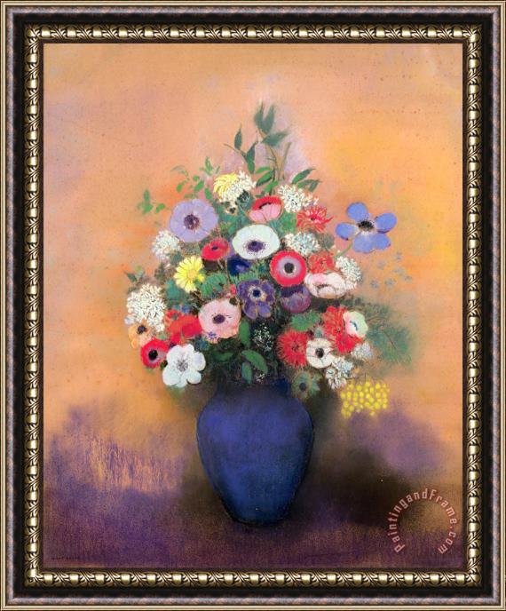 Odilon Redon Anemones And Lilac In A Blue Vase Framed Painting