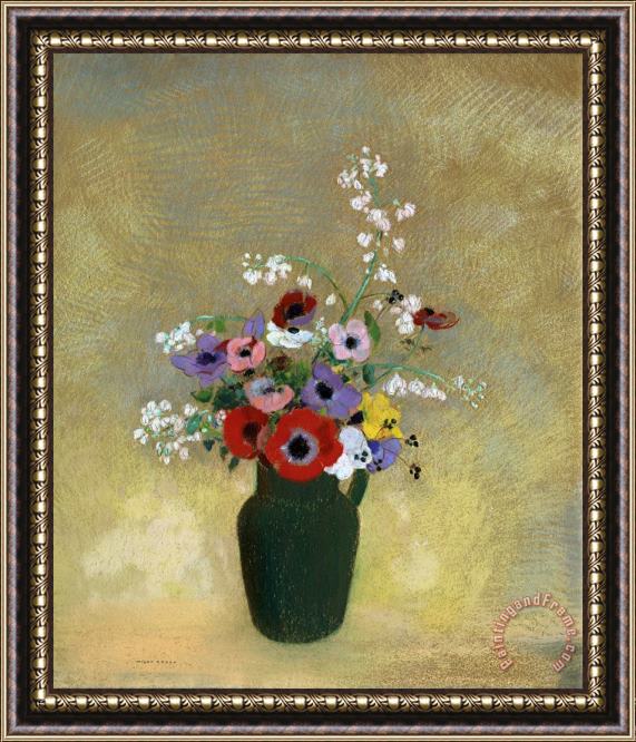Odilon Redon Large Green Vase with Mixed Flowers Framed Painting