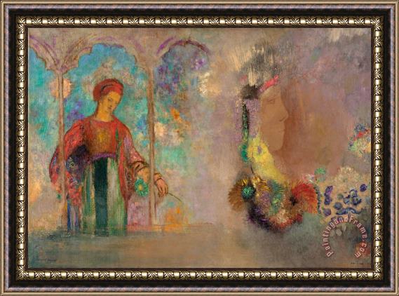 Odilon Redon Woman in a Gothic Arcade Woman with Flowers Framed Painting