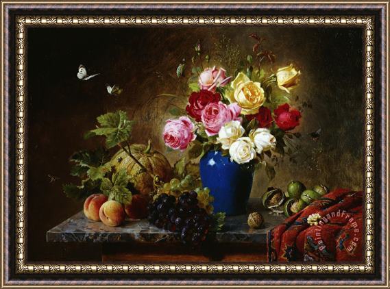 Olaf August Hermansen Roses In A Vase Peaches Nuts And A Melon On A Marbled Ledge Framed Print