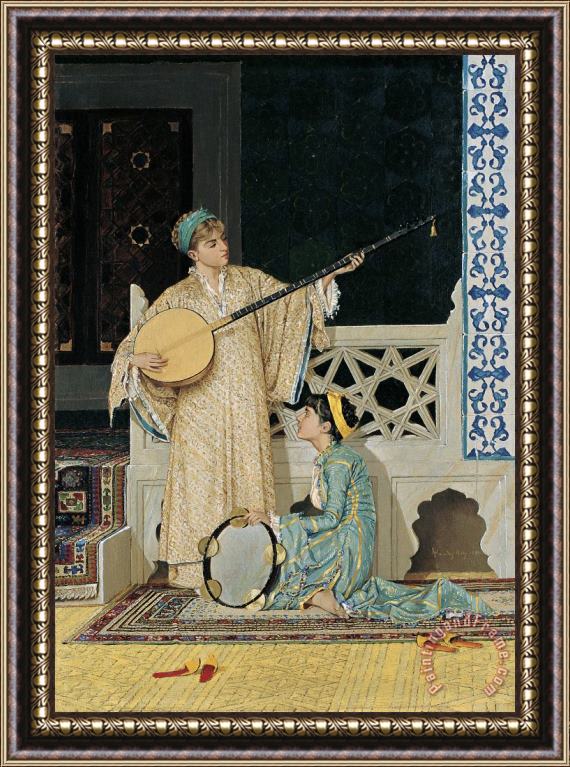 Osman Hamdi Bey Two Musician Girls Framed Painting