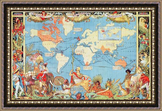 Others Antique Illustrated Map Of The World Framed Painting