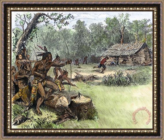 Others NATIVE AMERICAN ATTACK, c1640 Framed Print