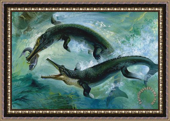 Others Pre-historic Crocodiles Eating a Fish Framed Painting
