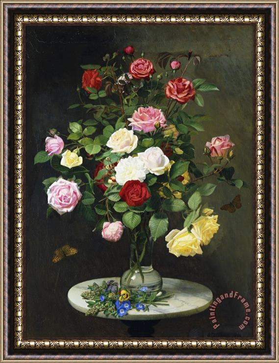 Otto Didrik Ottesen A Bouquet Of Roses In A Glass Vase By Wild Flowers On A Marble Table Framed Print