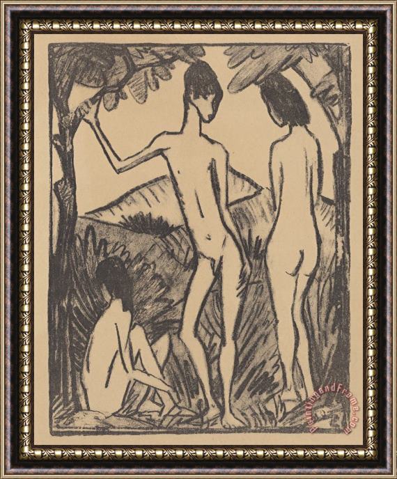 Otto Muller Stehender Knabe Und Zwei Madchen II / Standing Boy And Two Girls Framed Painting