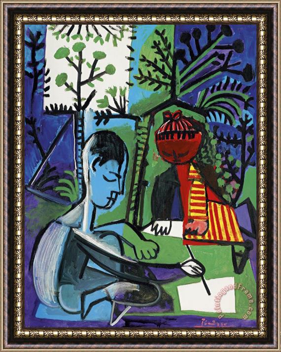 Pablo Picasso Claude Et Paloma Dessinant Framed Print